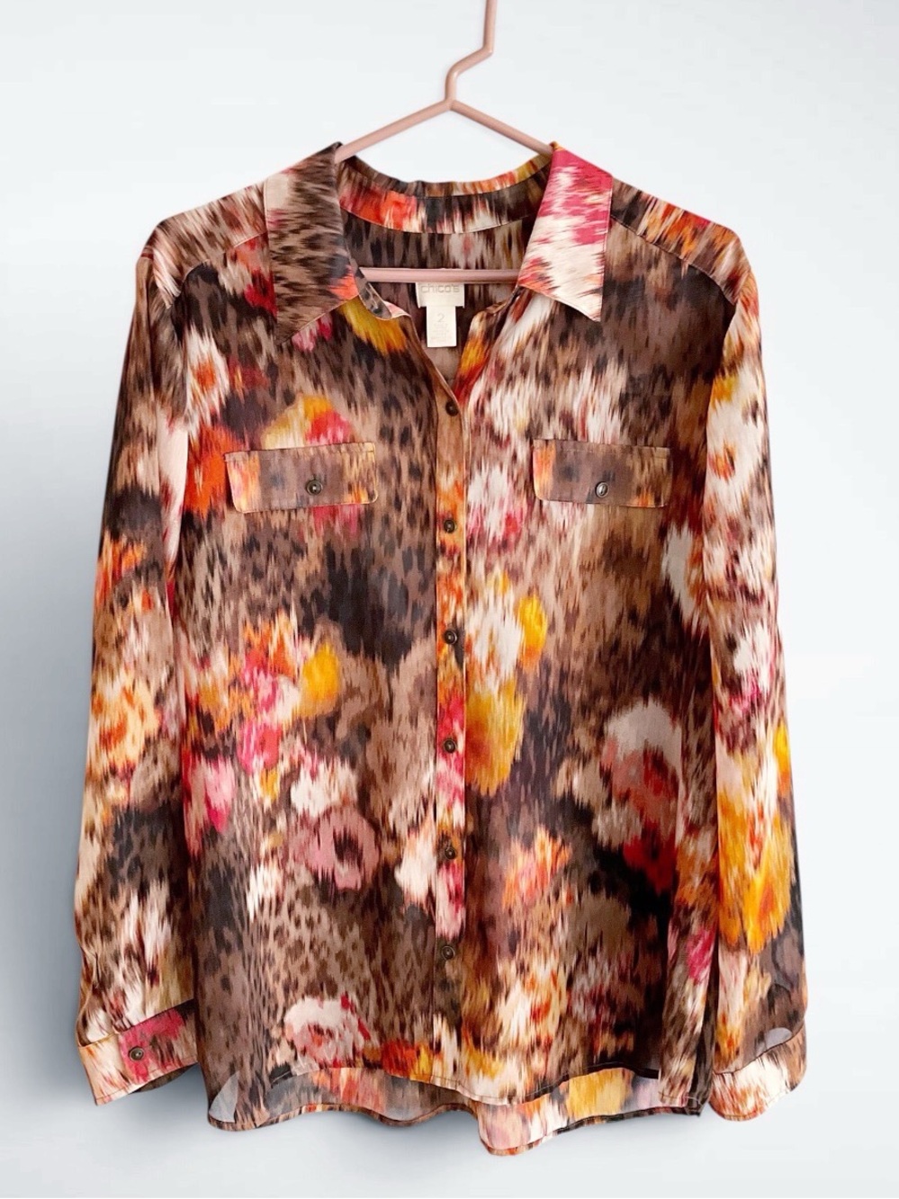 Chico’s Joceline Sheer Multicolor Animal Print Long-Sleeve Buttondown Blouse